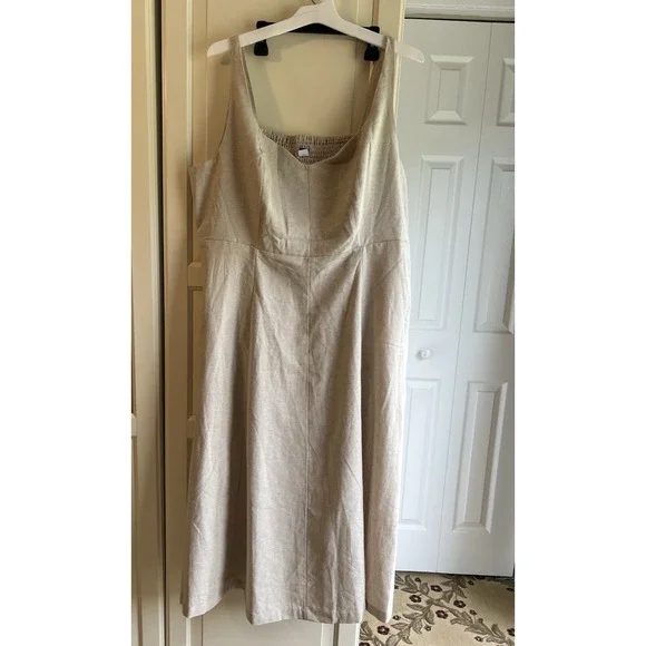 Old Navy Women's Sleeveless Flax Linen Dress smocking 2 pockets beige sz- XXL - Picture 2 of 7